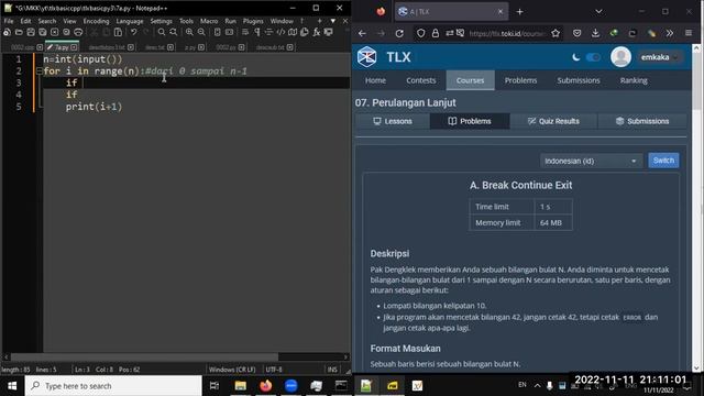 Latihan Pemrograman Dasar python 3 dengan Soal TLX Basic 7A Break Continue Exit смотреть онлайн