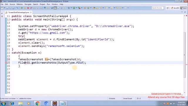 RAMESHSOFT: How to Take screenshot Approach-3 in Selenium in Try-catch ||Selenium in Realtime смотреть онлайн