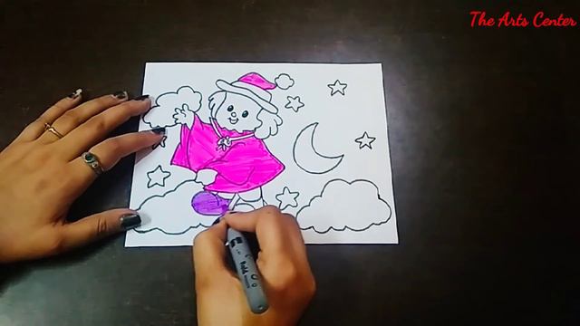 How to draw witch for kids step by step | night scene cute drawing by The Arts Center смотреть онлайн