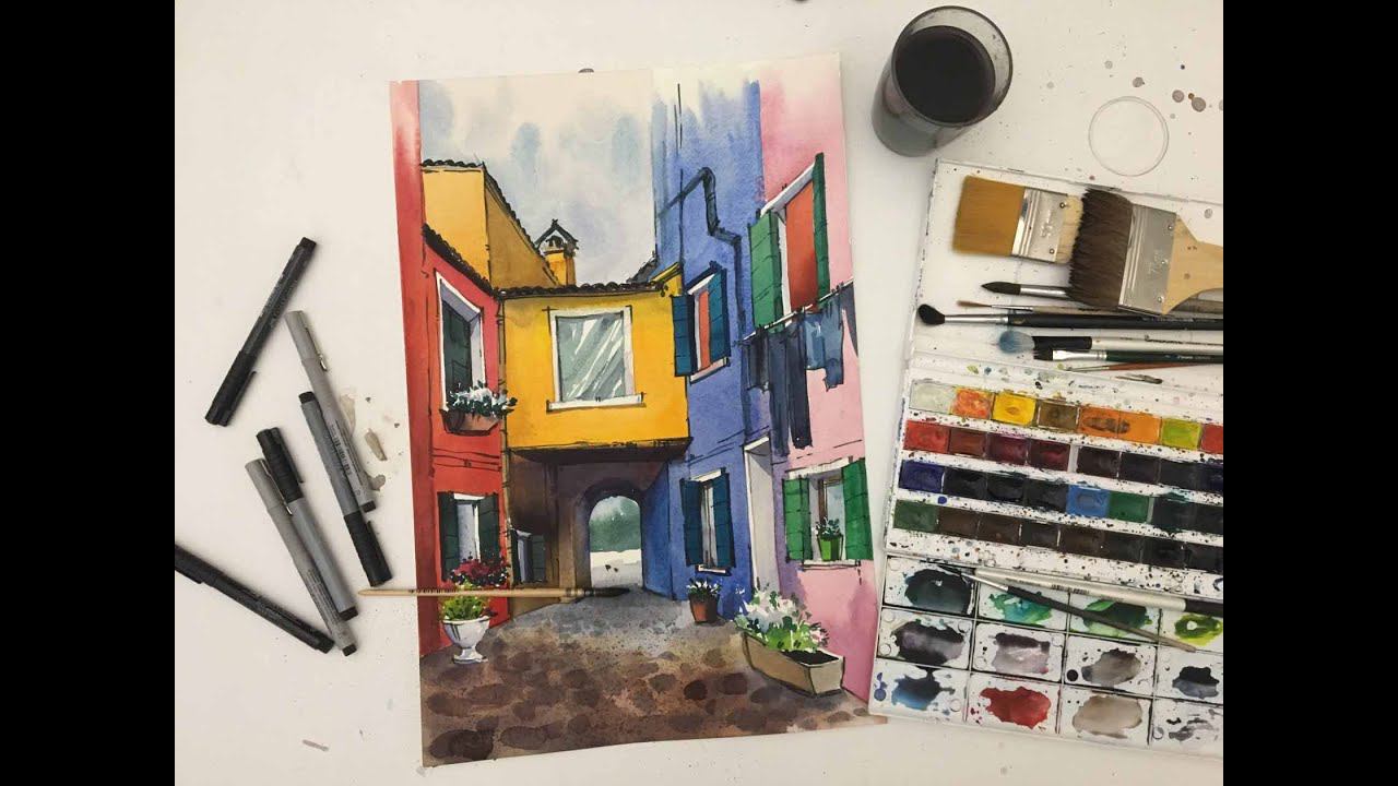 Мастер-класс по акварельной живописи «Маленькая Италия» | Как нарисовать дворик поэтапно смотреть онлайн