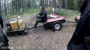 Мотобуксировщик КОЙРА с редуктором тащит три прицепа по лесу и болоту. л