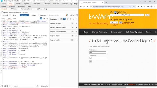 BWAPP - HTML Injection - Reflected (GET) LOW + Burp Suite Community - IT SEC LAB HUN смотреть онлайн