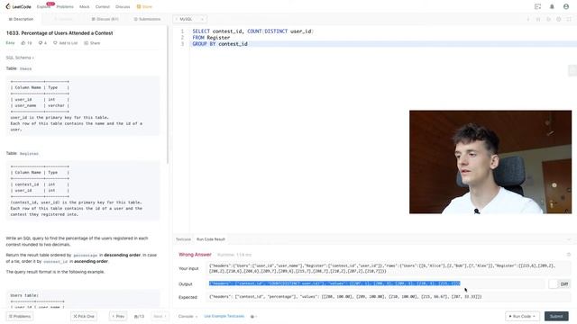 LeetCode 1633: Percentage of Users Attended a Contest [SQL] смотреть онлайн