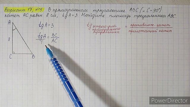 Вариант 17, № 6. Нахождение площади прямоугольного треугольника, если известен tg его острого угла смотреть онлайн