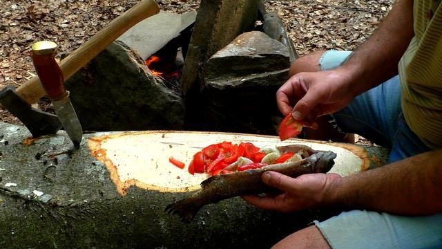 Nature Stone Feasts: Building A Stone BBQ And Overnight Shelter - Grilling Trout On Stone