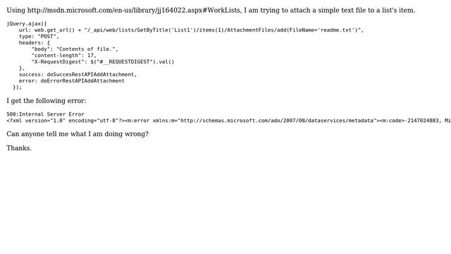 "500: Internal Server Error" when trying to add a simple text file as an attachment via... смотреть онлайн