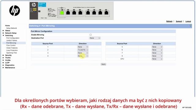 HP 1810-8G Konfiguracja funkcji Port mirroring смотреть онлайн