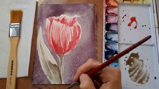 Рисую цветок тюльпан акварелью. Акварель для начинающих. a tulip flower in watercolor. смотреть онлайн