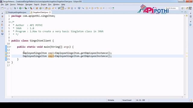 2. Singleton : How to Create the Basic Singleton class in JAVA || APIPOTHI || DESIGN PATTERNS смотреть онлайн