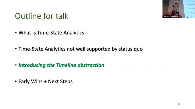 Raising the Level of Abstraction for Time-State Analytics With the Timeline Framework (CIDR 2023) смотреть онлайн