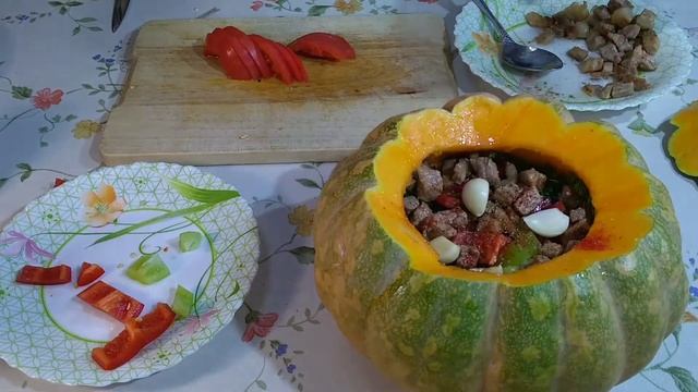 Тыква с мясом в духовке. смотреть онлайн