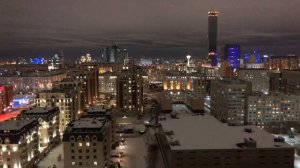 Ночной город Нур-Султан / Астана с высоты птичьего полёта. (Абу-Даби Плаза ночью)