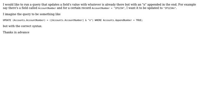 Append a record's field value with a string in MS Access SQL смотреть онлайн