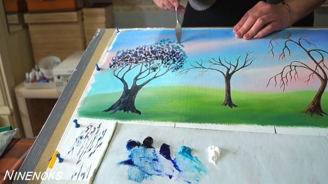 Как нарисовать красивое ЗИМНЕЕ ДЕРЕВО масляными КРАСКАМИ и МАСТИХИНОМ. Мастер-класс по живописи. смотреть онлайн