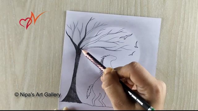 Sunset scenery drawing with pencil | Horse raising front legs | Pencil sketch - Step by step смотреть онлайн
