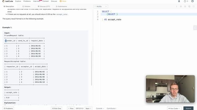 LeetCode 597 - Friend Requests I: Overall Acceptance Rate | LeetCode SQL Solution [EASY] смотреть онлайн