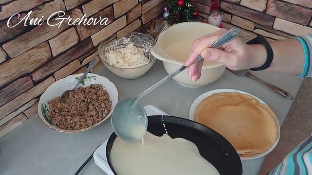 Блинчики с творогом и мясом / Pancakes with curd. смотреть онлайн
