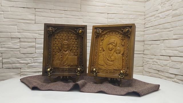 Венчальные резные иконы богородицы Казанская и Господа вседержителя с камнями смотреть онлайн