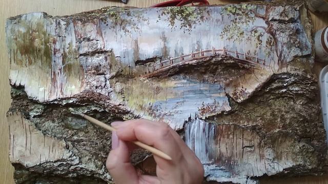 РИСУЮ ВОДОПАД И МОСТИК В БЕРЕСТЕ. ЖИВОПИСЬ (3). смотреть онлайн