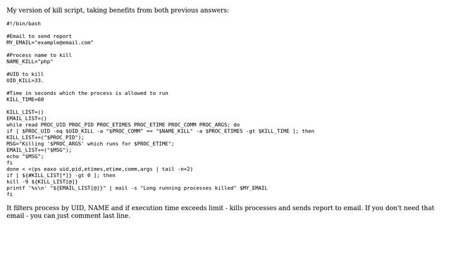 Kill all processes that are running for more than 5 minutes by a given user in linux bash script смотреть онлайн