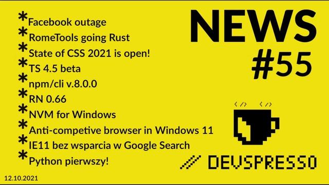 JS News 55 - dzieje się! Rome going Rust, TS 4.5, NVM4W, Python pierwszy! RN 0.66, npm-cli 8 смотреть онлайн