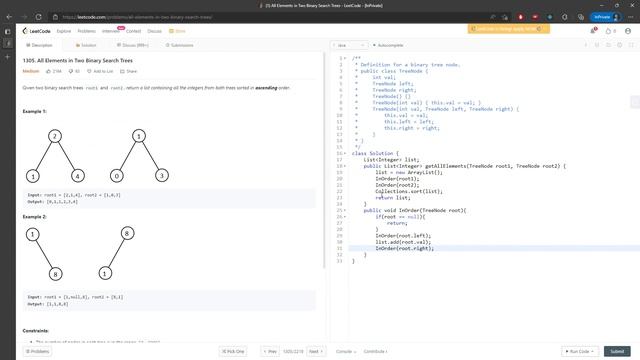 LeetCode 1305 | All Elements in Two Binary Search Trees | InOrder Traversal | Java смотреть онлайн