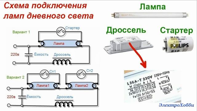 Подключение люминесцентной лампы дневного света, схема на дросселе и стартере, описание ее работы смотреть онлайн