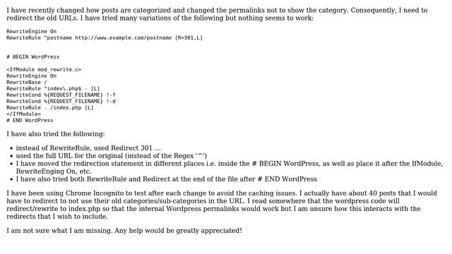 Wordpress: Cannot get 301 redirection in htaccess to work (either Redirect or Rewrite) смотреть онлайн