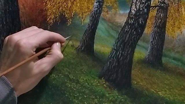 Как нарисовать тонкие веточки и траву маслом|пишем маслом осенний пейзаж|часть 3 смотреть онлайн