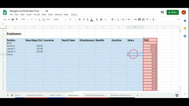Employees and Labor Costs - Budget and Estimate Spreadsheet for Contractors смотреть онлайн