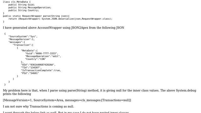 Salesforce: Deserialization using Apex class generated using JSON2Apex gives null for inner values смотреть онлайн