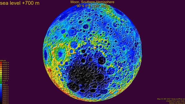 Moon, Southern Hemisphere, fictional sea level change 10800 - -9200 m, fast смотреть онлайн