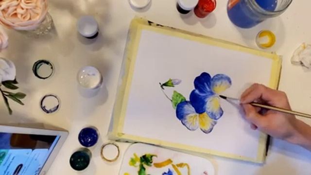 Pansies drawing, gouache . Как рисовать цветы Анютины глазки гуашь, акварель. Віола, малюємо гуашшю смотреть онлайн