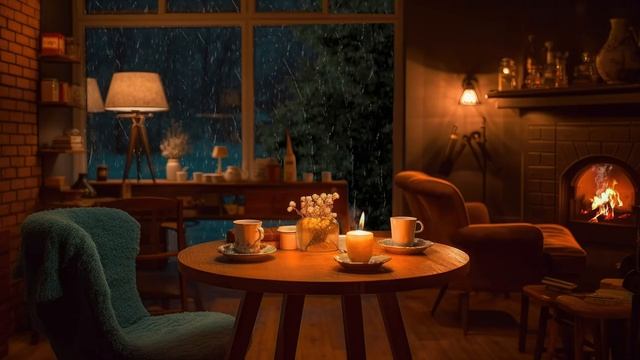 Cozy Coffee Shop Ambience With Rain Sounds And Crackling Fireplace For Relaxation, Focus, & Sleep