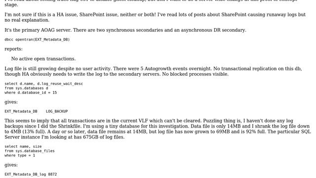 SQL Server High Availability and Sharepoint - log file grows when no database activity смотреть онлайн