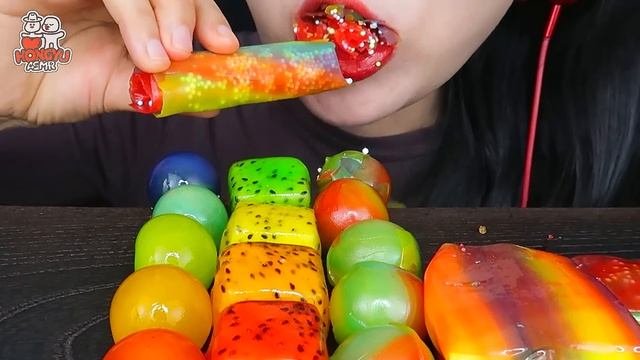 ASMR MUKBANG| RAINBOW ROLL UP ICE CREAM, RAINBOW DRAGON FRUITS JELLY, COLORFUL FRUITS JELLY CANDY 먹 смотреть онлайн