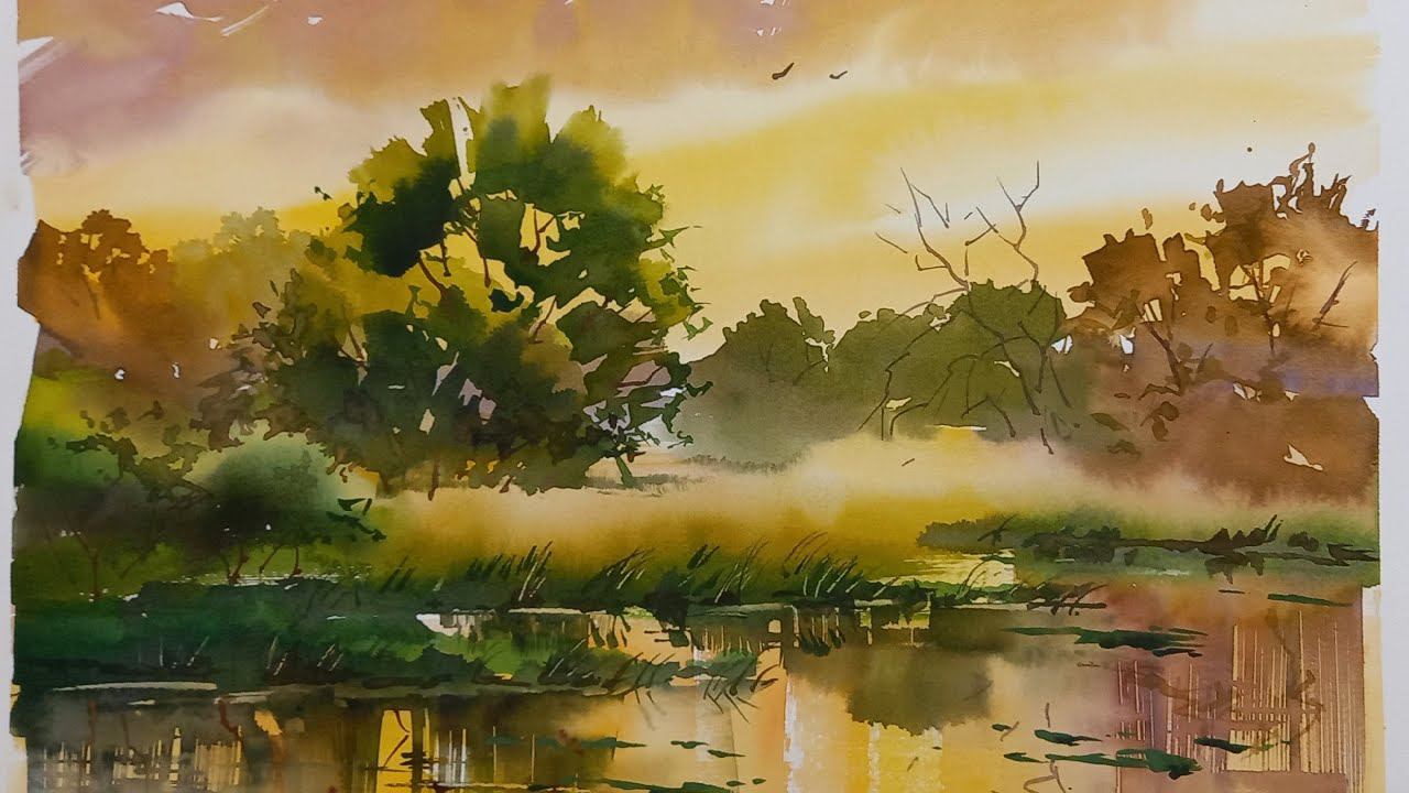 Золотой рассвет акварелью, подробный и полный урок для начинающих смотреть онлайн