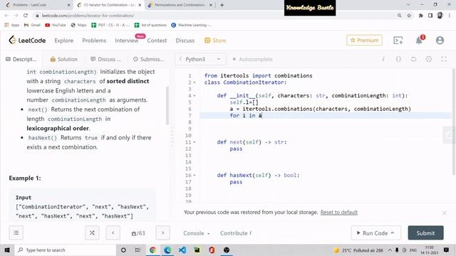 1286.Iterator for Combination|LeetCode|Solution in python|14November| Daily challenge#python #code смотреть онлайн