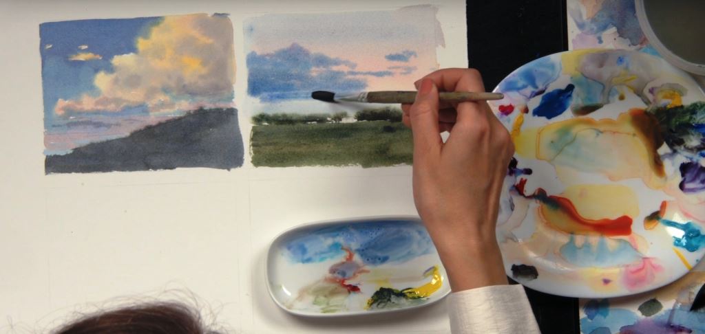 Облака акварелью в пейзаже. Бесплатный урок рисования художника Екатерины Лагутиной смотреть онлайн