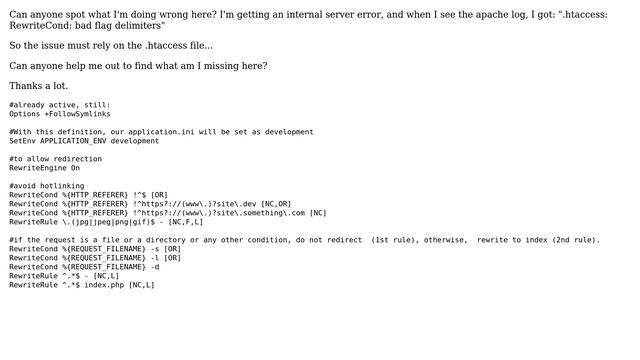 Apache Internal Server Error - .htaccess: RewriteCond: bad flag delimiters смотреть онлайн