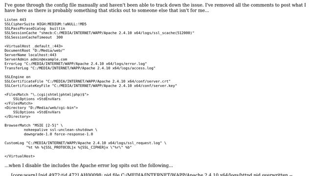 Apache OpenSSL httpd-ssl.conf config stops Apache, no error except when httpd-ssl.conf include... смотреть онлайн