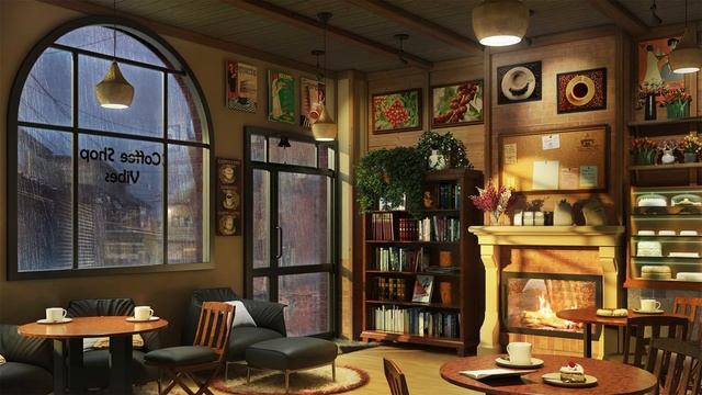 Rainy Coffee Shop Ambience with Relaxing Jazz Music, Rain Sounds and Fireplace.mp4 смотреть онлайн