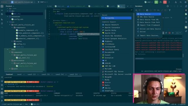 Building Clojure App from SCRATCH, part 4: PostgreSQL database, next.jdbc, testcontainers, Docker смотреть онлайн