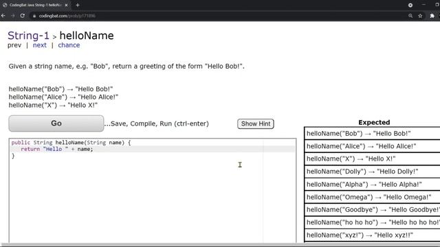 CodingBat Java: String 1 helloName смотреть онлайн