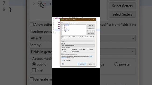 Shortcut to generate "Getters" and "Setters" Method in an IDE - JaVa. смотреть онлайн