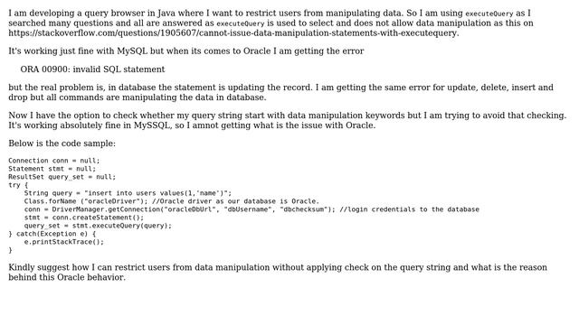 Databases: Restrict executeQuery in Java from data manipulation in an Oracle database смотреть онлайн