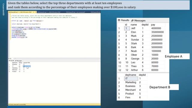 SQL - Find top 3 departments and percentage of employees over 100k salary смотреть онлайн