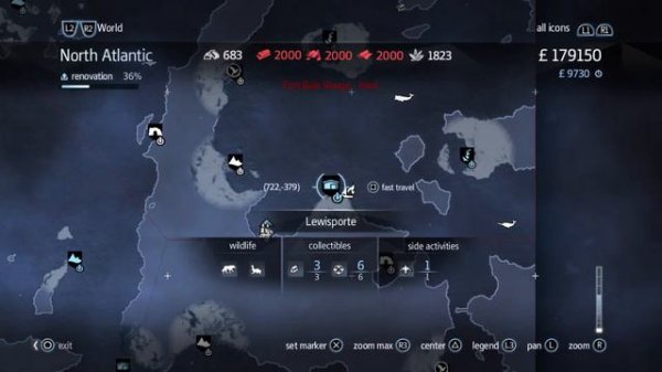 Assassins creed Rogue - Templar treasure map relic - 635, -446 North Atlantic