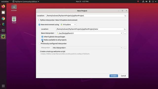How to create and run your first python program on pycharm in Ubuntu 20.04 with python3.9 virtualen смотреть онлайн