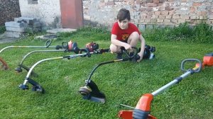 Garden and Forest KIDS , Brushcutter for children, trimmer for children, the boy starts the trimmer